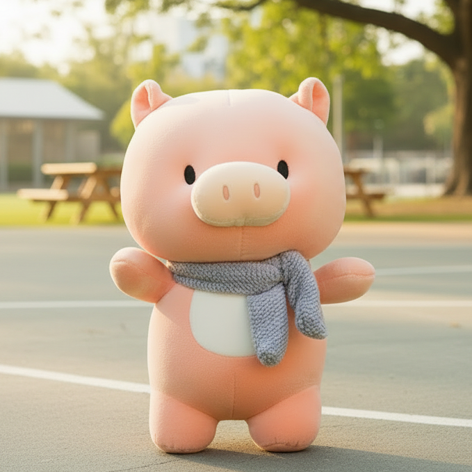 A cute pink plush pig toy standing outdoors on a paved surface, wearing a gray knitted scarf and a white belly patch. The background is a softly blurred park scene with trees, picnic tables, and warm sunlight.