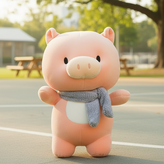 A cute pink plush pig toy standing outdoors on a paved surface, wearing a gray knitted scarf and a white belly patch. The background is a softly blurred park scene with trees, picnic tables, and warm sunlight.
