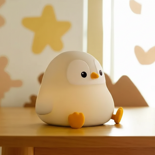 Cute silicone penguin night light glowing on a wooden desk