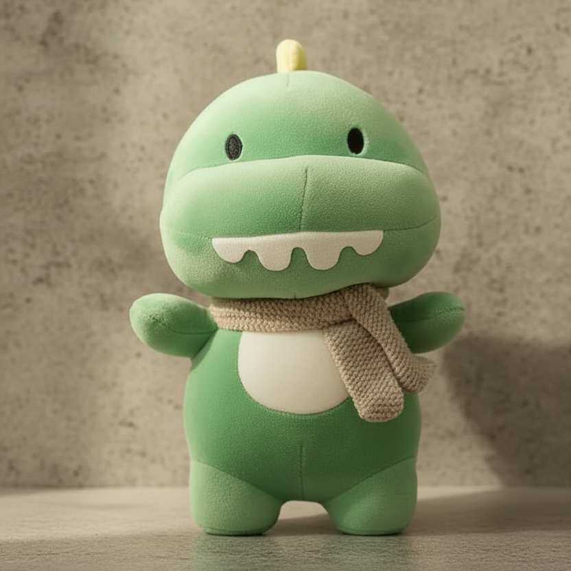 Dino plush toy facing camera with backpack on concrete backdrop