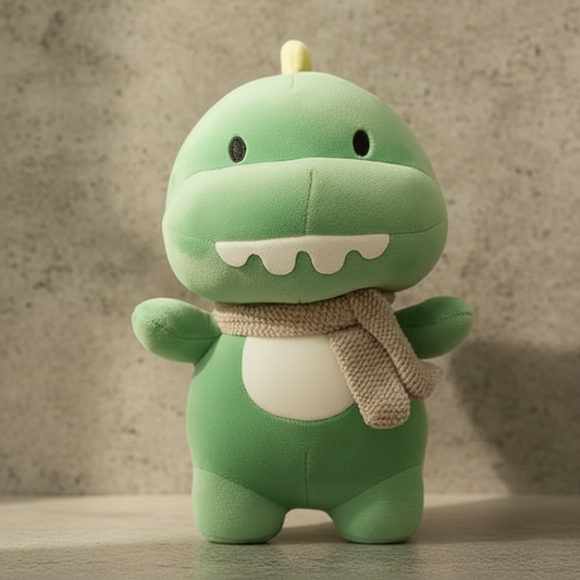 Dino plush toy facing camera with backpack on concrete backdrop