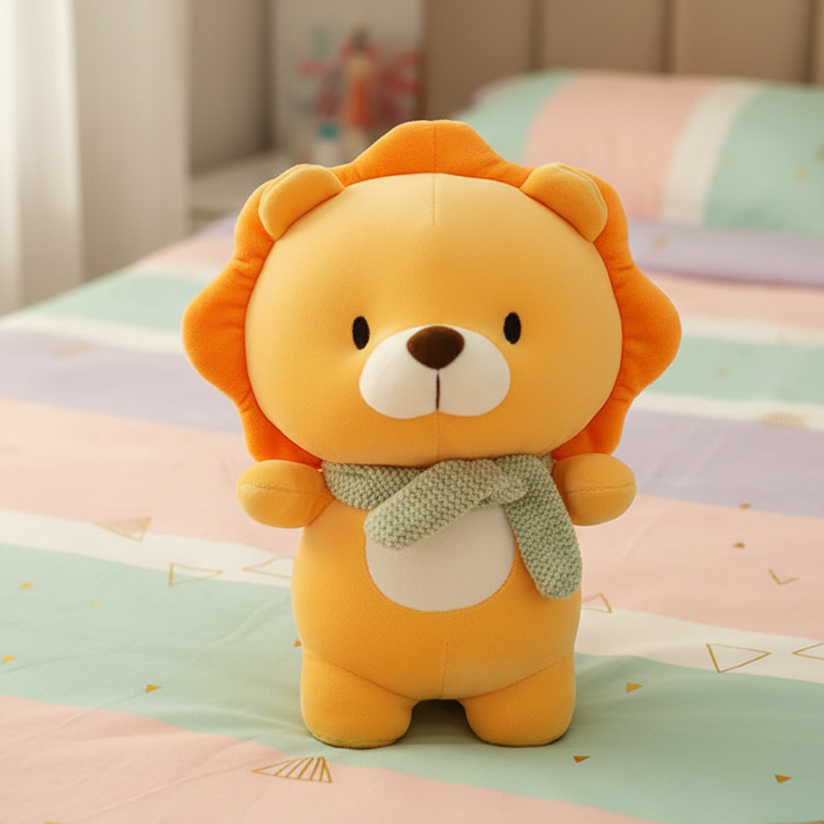 Plush lion toy with a green scarf on a bed with pastel bedding