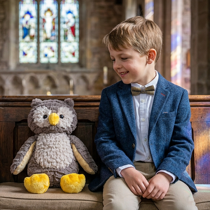 A young boy in a blue tweed blazer and bow tie sits on a wooden church pew next to a plush gray owl toy with yellow feet, with a blurred cathedral interior and stained glass windows in the background.