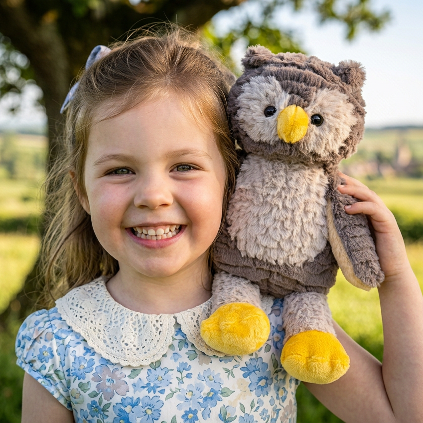 A young girl with blonde hair smiles while holding a plush owl toy outdoors in a sunny, grassy field with a tree in the background.