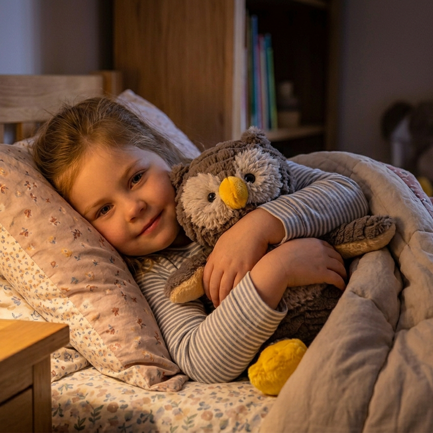 A young girl with blonde hair lies in bed under a warm blanket, hugging a gray plush owl toy. A lit bedside lamp glows on the left, and a wooden headboard and bookshelf are visible in the softly lit bedroom background.
