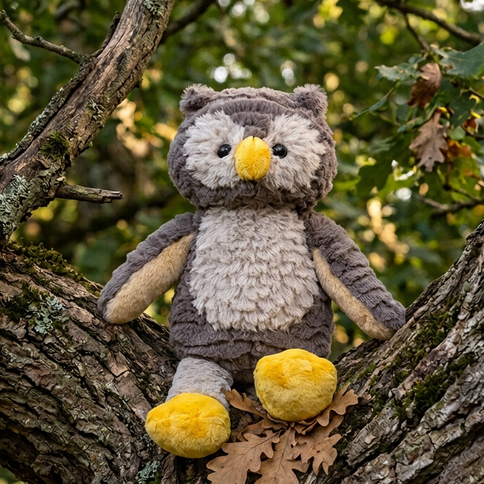 A plush owl toy with gray and cream fur, a yellow beak, and yellow feet, sitting on a tree branch outdoors with leaves and greenery in the background.
