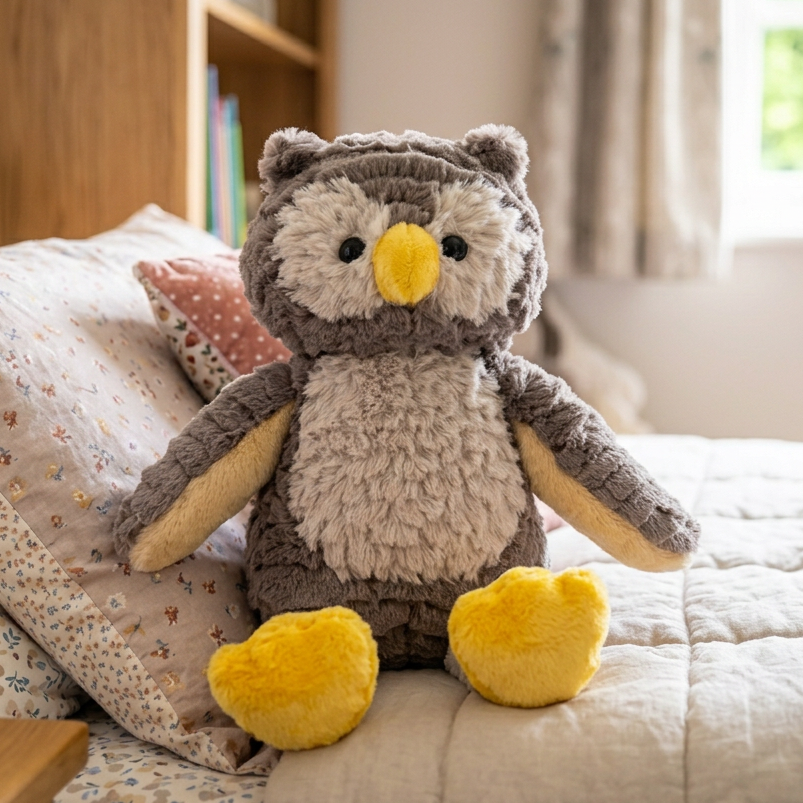 A plush owl toy with a gray and cream textured body, yellow beak and feet, and black embroidered eyes, sitting on a quilted bed in a softly lit bedroom.