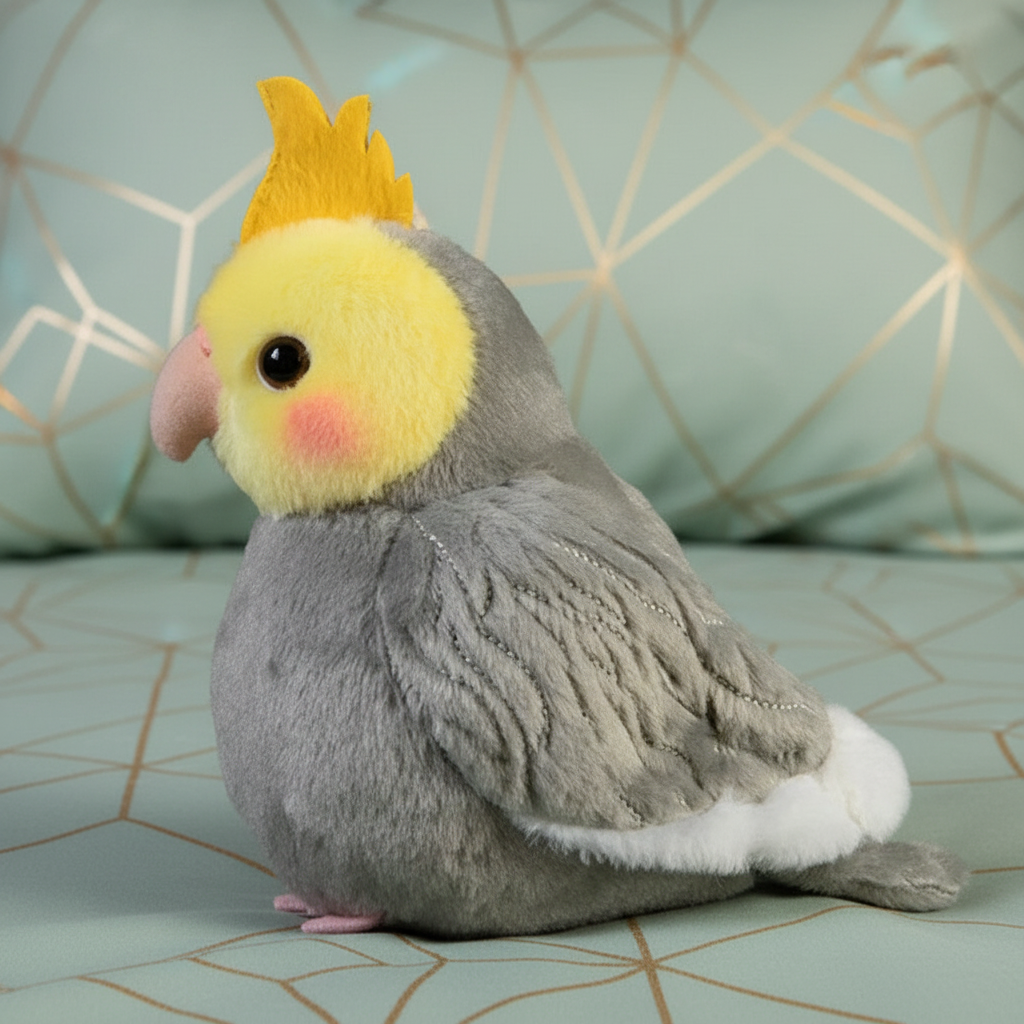 Plush toy parrot with yellow head and gray body on a light green background