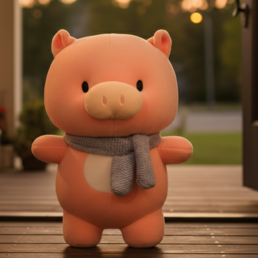 Pig plush front-on at front door at dusk