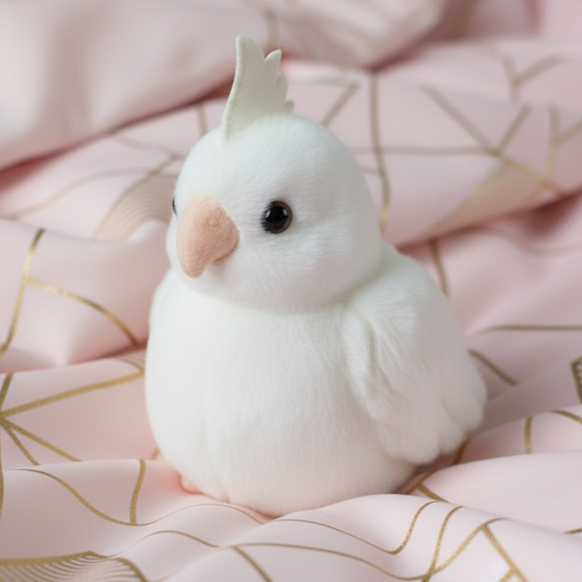 White plush bird toy on a pink and gold patterned surface