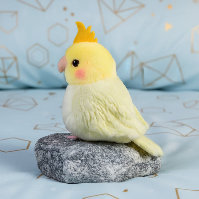 Yellow plush parrot toy on a stone with a light blue geometric-patterned background
