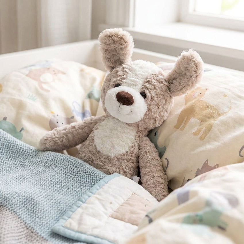 A plush teddy bear toy with floppy ears sits on a bed with patterned cream bedding and a light blue blanket near a window.