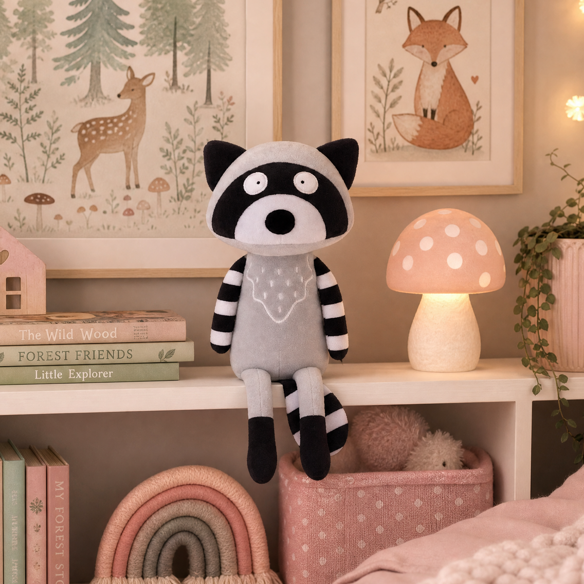 A plush raccoon toy with black-and-white striped arms and legs sits on a white shelf in a cozy, decorated children's bedroom. The room features framed woodland art prints, a pink mushroom-shaped night light, a small pink house, books, and a rainbow cushion.