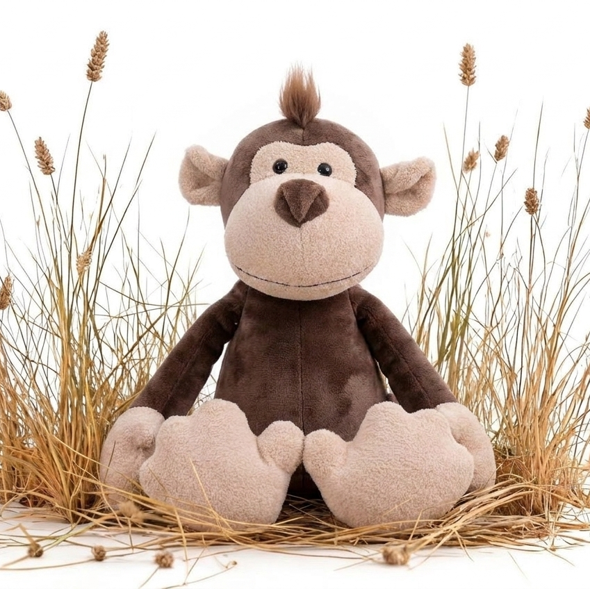 A plush stuffed monkey toy sitting upright among dried grass stems on a clean white background.
