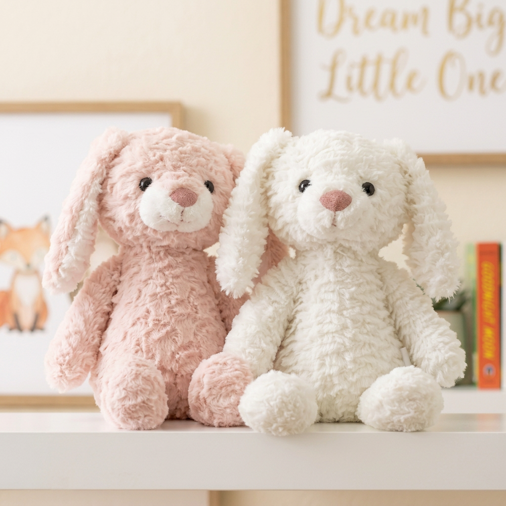 Two plush bunny toys sitting side by side on a white shelf in a nursery-like setting. The left bunny is light pink, and the right bunny is off-white/cream, both with soft textured fur, black bead eyes, and pink noses.