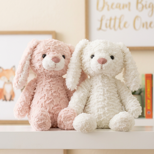 Two plush bunny toys sitting side by side on a white shelf in a nursery-like setting. The left bunny is light pink, and the right bunny is off-white/cream, both with soft textured fur, black bead eyes, and pink noses.