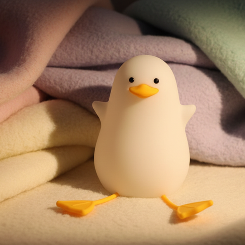 Silicone sitting duck LED night light sitting amongst pastel colored wool blankets