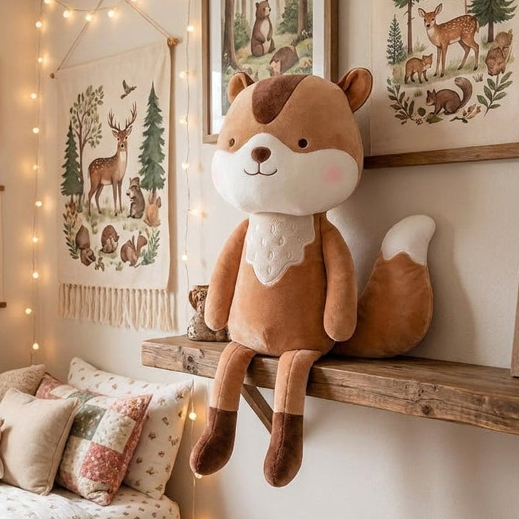 A plush brown and white squirrel toy sits on a wooden shelf in a cozy children's bedroom decorated with woodland-themed wall art and fairy string lights.