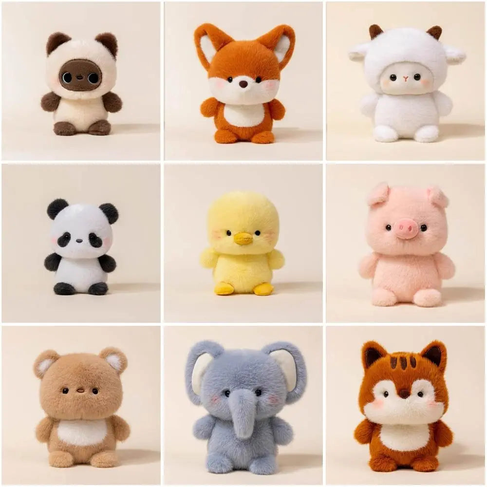 a set of 9 cute plush toys in a studio setting, including a cat, fox, sheep, panda, chick, pig, bear and elephant.