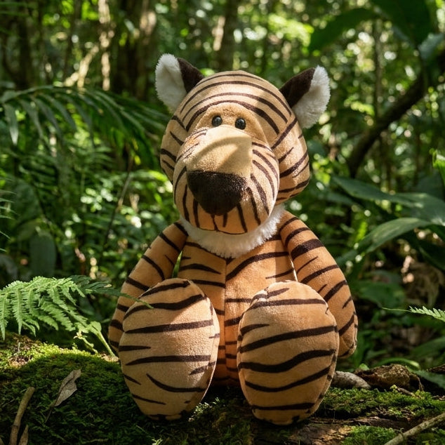 A plush tiger toy with orange and black stripes sits on a mossy log in a dense green forest setting.