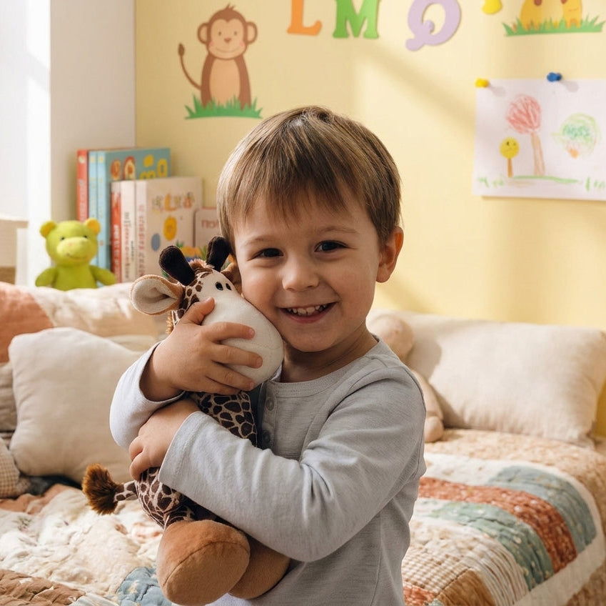 A young child smiling while hugging a plush giraffe toy in a brightly lit children's bedroom with colorful wall decorations and a quilted bed.