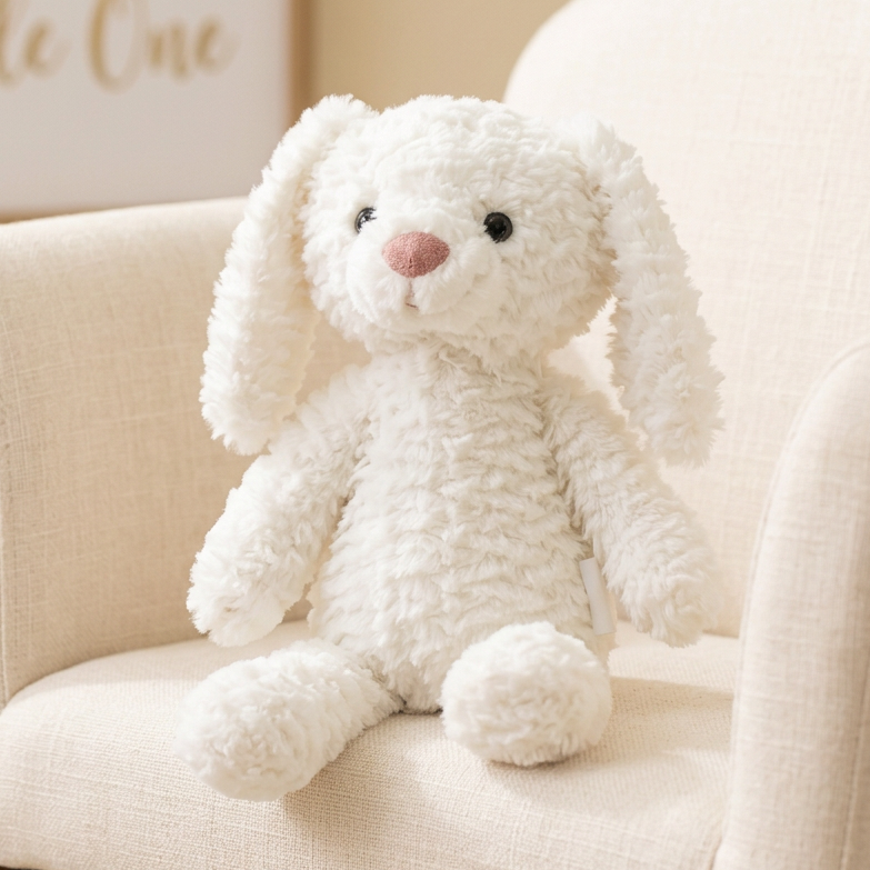 A white fluffy stuffed bunny plush toy sitting on a cream upholstered rocking chair in a softly lit nursery-like setting.