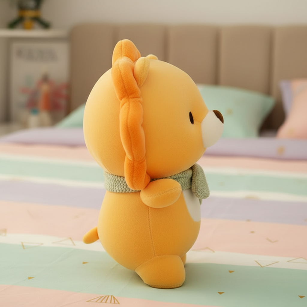 Plush lion toy with a green scarf on a bed with pastel bedding